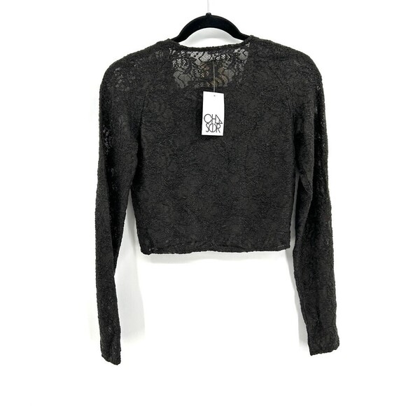 NWT CHASER Vintage Black Lace Long Sleeve Stretch Crop Top Size Small - Picture 2 of 4